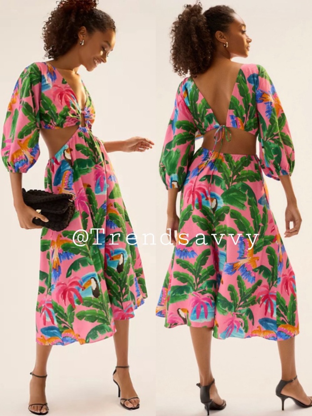 Farm Rio Tropical Cutout Linen Midi Dress Pink Green Vacation Size XS NWT Boho